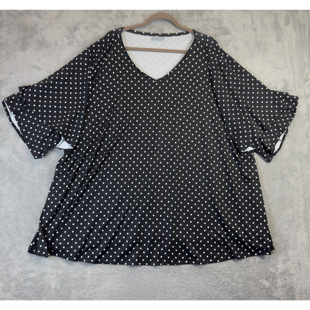 Catherines Blouse Womens 4X Black Short Sleeve Polka Dot Stretch Plus Size Top
